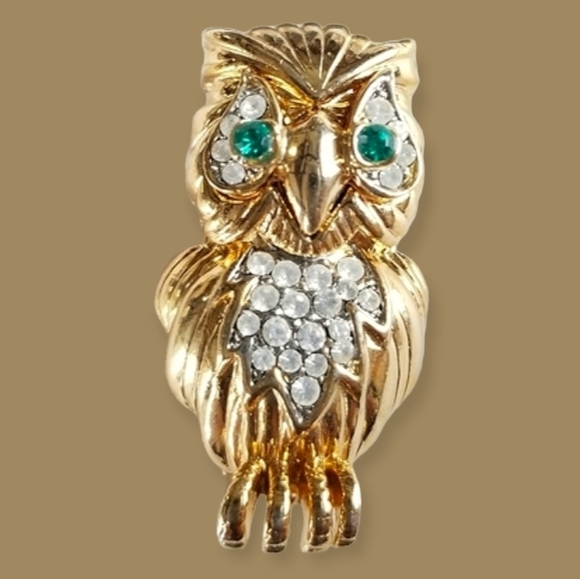 David Collection Gold Tone Rhinestone Owl Brooch - Picture 3 of 12